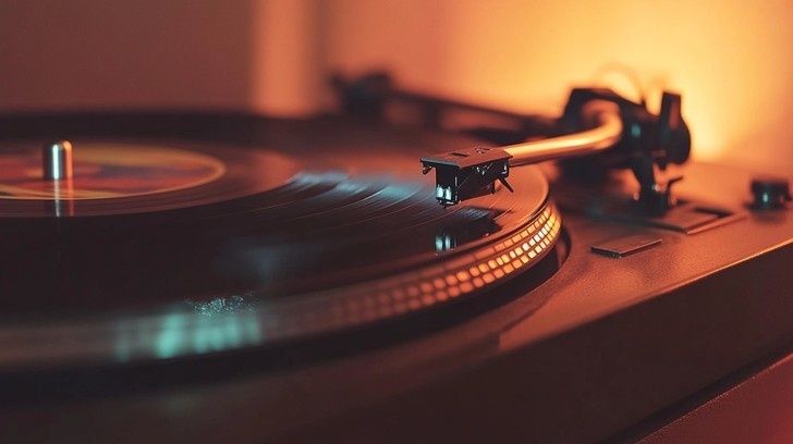 Draaiende vinylplaat met toonarm op een platenspeler in warm licht